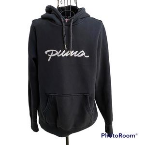 Puma Fleece Lined Embroidered Script Logo Black Kangaroo Pocket Hoodie Size M